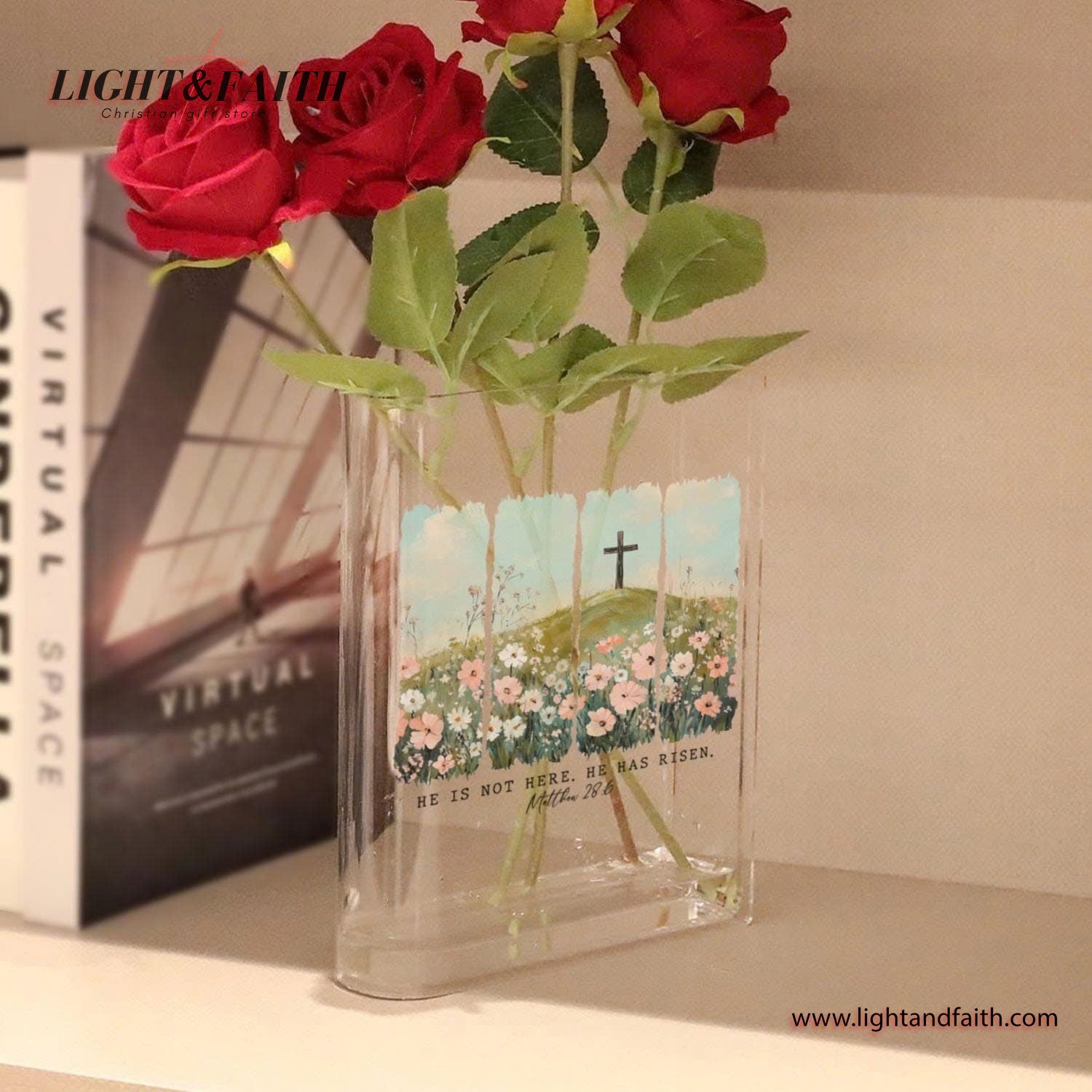 He Has Risen Book Vase, Matthew 286 Christian Acrylic Book Vase, Bible Verse Decor, Easter Book Vase, Floral Cross Design, Book Shaped Vase